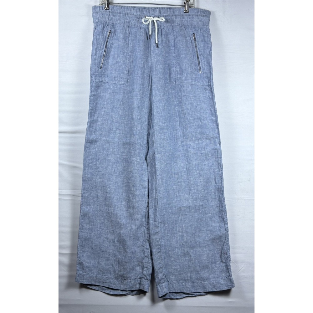 Athleta Cabo Linen Wide Leg Pants Women's  Blue Drawstrings Coastal Beachy 12